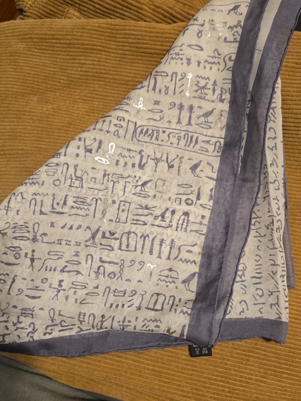 100% Silk Light Gray Egyptian Hieroglyph Print Scarf